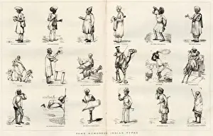 Two page spread from The Graphic depicting humorous types seen in India. Date: 1878