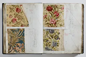 Pages from a book of textile samples, annotated by hand with