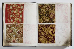 Pages from a book of textile samples, annotated by hand with Pages from a book of textile samples, annotated by hand with
