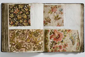 Pages from a book of textile samples, annotated by hand with