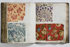 Pages from a book of textile samples, annotated by hand with
