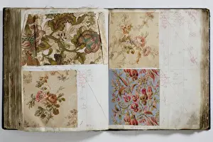 Pages from a book of textile samples, annotated by hand with