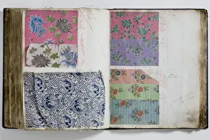 Pages from a book of textile samples, annotated by hand with