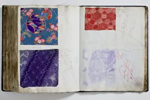 Pages from a book of textile samples, annotated by hand with