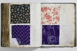 Pages from a book of textile samples, annotated by hand with
