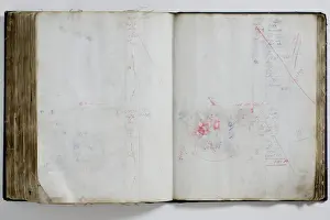 Pages from a book of textile samples, annotated by hand with