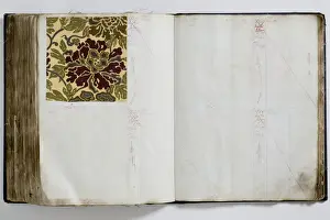 Pages from a book of textile samples, annotated by hand with