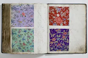 Pages from a book of textile samples, annotated by hand with
