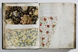 Pages from a book of textile samples, annotated by hand with