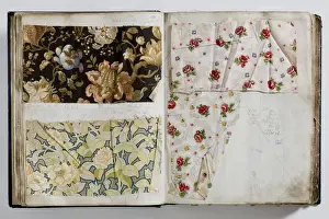 Pages from a book of textile samples, annotated by hand with