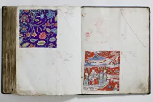 Pages from a book of textile samples, annotated by hand with