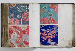 Pages from a book of textile samples, annotated by hand with