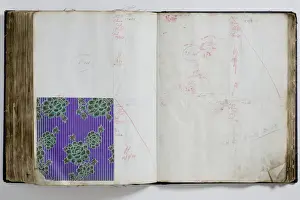 Pages from a book of textile samples, annotated by hand with