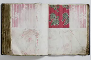 Pages from a book of textile samples, annotated by hand with