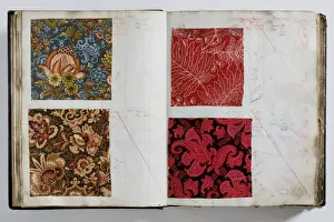 Pages from a book of textile samples, annotated by hand with