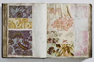 Pages from a book of textile samples, annotated by hand with