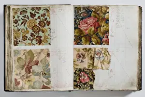 Pages from a book of textile samples, annotated by hand with