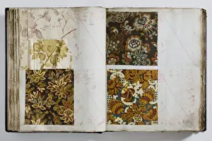 Pages from a book of textile samples, annotated by hand with