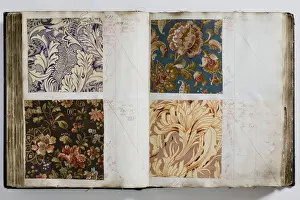 Pages from a book of textile samples, annotated by hand with