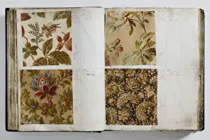 Pages from a book of textile samples, annotated by hand with