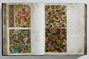 Pages from a book of textile samples, annotated by hand with
