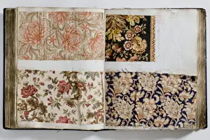 Pages from a book of textile samples, annotated by hand with