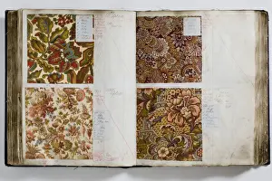 Pages from a book of textile samples, annotated by hand with