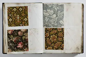 Pages from a book of textile samples, annotated by hand with