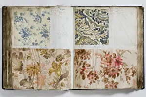 Pages from a book of textile samples, annotated by hand with
