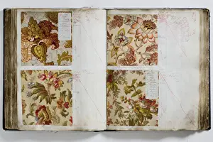 Pages from a book of textile samples, annotated by hand with