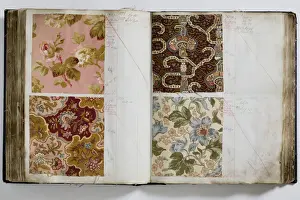 Pages from a book of textile samples, annotated by hand with