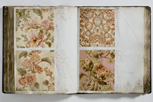 Pages from a book of textile samples, annotated by hand with
