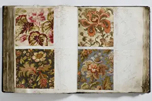 Pages from a book of textile samples, annotated by hand with