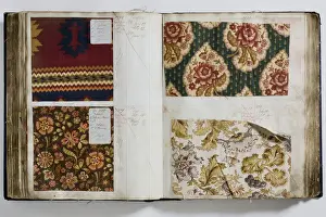 Pages from a book of textile samples, annotated by hand with