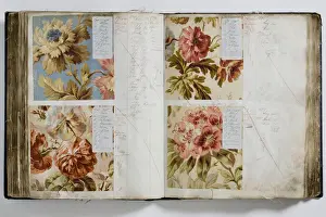 Pages from a book of textile samples, annotated by hand with