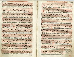 Antiphonary Gallery: Two pages of music, Commune Dedicationis Ecclesiae