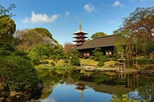 Pagoda and Japanese ornamental garden, Asakusa, Tokyo, Japan