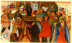 Crucifixion Prints: Painted sailcloth, Jesus assisted in carrying the Cross