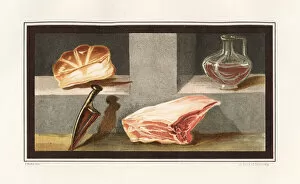 Painting of a still life showing meat, wine