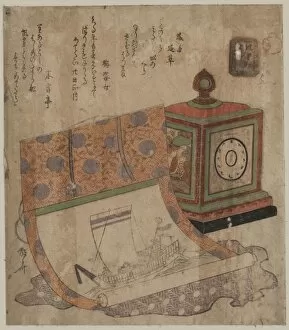 Treasures Gallery: Painting of a ship of treasures and a western clock