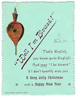 Pair of bellows with comic verse on a Christmas card