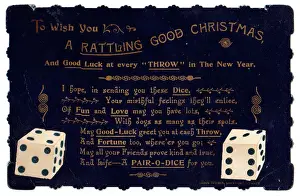 Dice Prints: Pair of dice with comic verse on a Christmas card