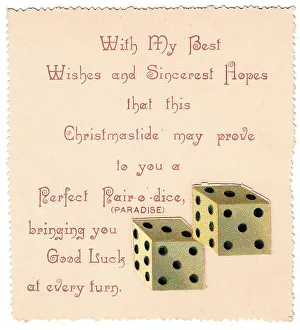 Pair of dice with comic verse on a Christmas card