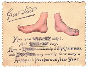 Pair of feet with comic verse on a Christmas card