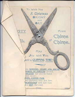 Images Dated 3rd July 2018: Pair of scissors with comic verse on a Christmas card