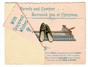Warming Prints: Pair of slippers with comic verse on a Christmas card