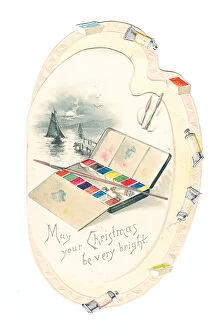 Images Dated 4th May 2018: Palette-shaped Christmas card with an open paintbox