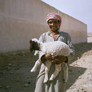 Images Dated 22nd September 2015: Palmyra, Syria - Bedouin Shepherd holding a young lamb