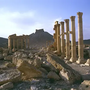 Palmyra, Syria - The Colonnade with view of Arab Castle