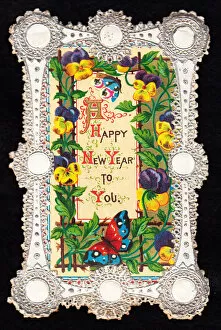 Pansies Gallery: Pansies and butterflies on an ornate New Year card